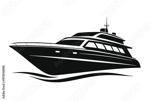 Luxury motor yacht silhouette isolated on white background.