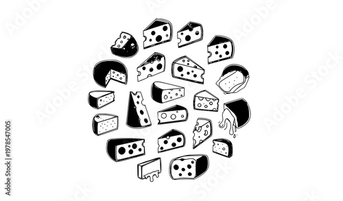 Hand drawn cheese icons doodle style food line art vector set