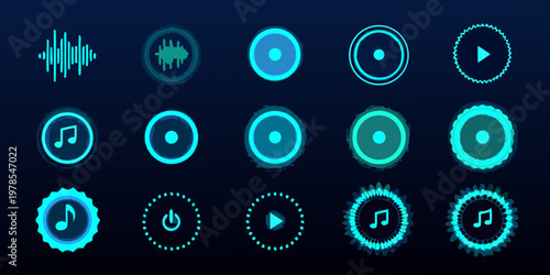 Tableau sur toile Collection of vibrant neon blue music and audio related icons