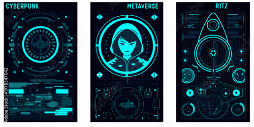 Cyberpunk metaverse and ritz themed digital art in vertical panels