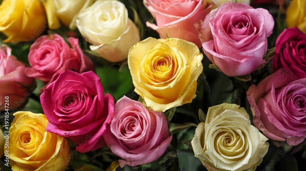 Fototapeta premium Lovely fresh roses, close up. A beautiful flower arrangement.