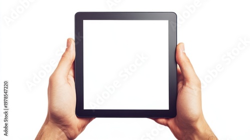 Hands holding tablet, blank screen, white background, app mockup (1)