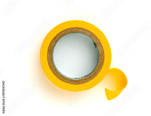 Yellow adhesive tape roll isolated on white background top view