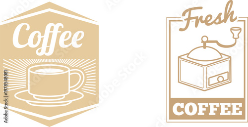 Coffee cup with steam and bean iconography on a wooden background