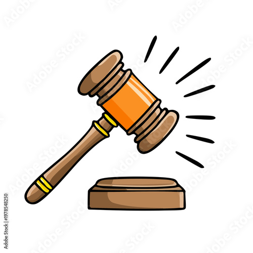 Hand drawn illustration of a wooden gavel hitting a sound block with radiating lines symbolizing impact and justice
