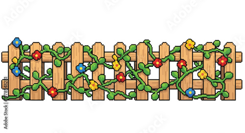 A pixel-art style wooden picket fence is adorned with winding green vines and bright red, yellow, and blue flowers on a white background.