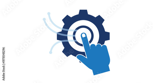 A blue hand is shown pressing a circular button surrounded by gear mechanisms