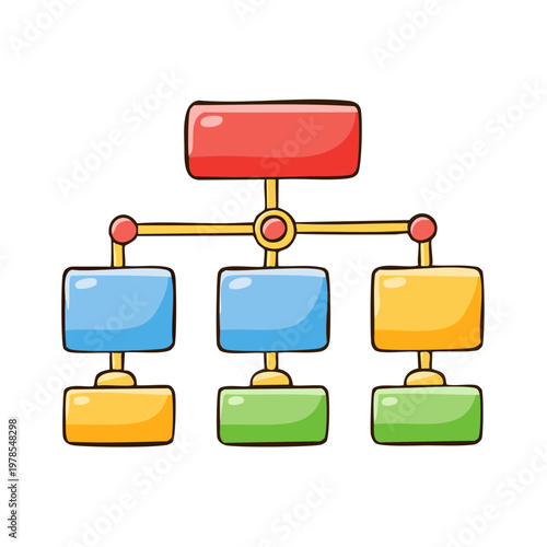 Hand drawn organizational chart with colorful rectangular boxes connected by lines representing hierarchy and structure