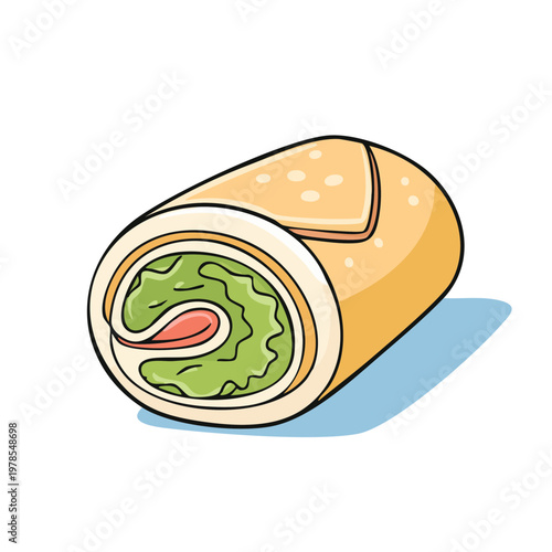 Freshly rolled burrito with green filling and pink meat slice illustration
