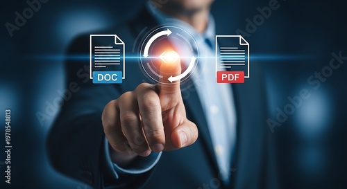 A businessman converting a document from DOC to PDF format with a digital interface