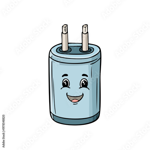 Happy cartoon electrical plug character with friendly smiling face and two prongs