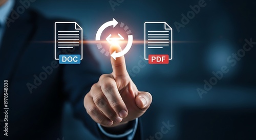 A businessman interacting with a digital interface to convert documents between DOC and PDF formats.