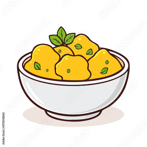 Whimsical cartoon bowl of yellow curry with fresh mint leaves garnish