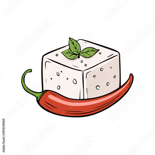 Square block of white cheese with red chili pepper and basil leaves