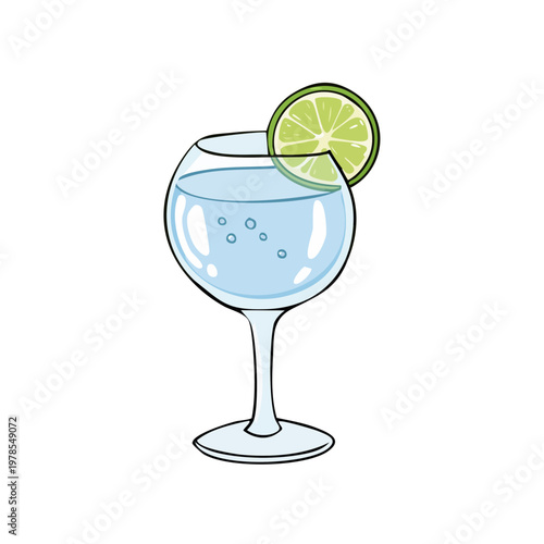 Refreshing cocktail with lime slice and bubbles in a large wine glass