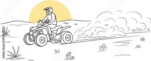 ATV rider driving quad bike across desert at sunset line art illustration