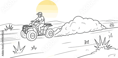 ATV rider driving quad bike in desert landscape line art illustration