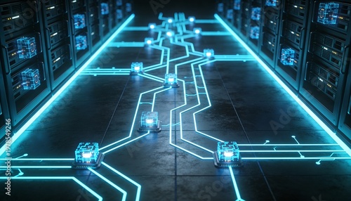 Bird's Eye View Server Room Glowing Blue Circuit Board Data Streams Encrypted Nodes Teal Electric Blue High Contrast Aerial Cybersecurity Editorial