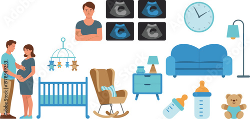 Baby nursery elements with parents and pregnancy ultrasound illustration set