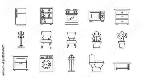 A collection of simple linear icons depicting various household furniture and appliance items