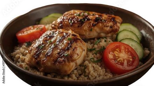 Grilled chicken breast served on brown rice with fresh vegetables close up culinary shot