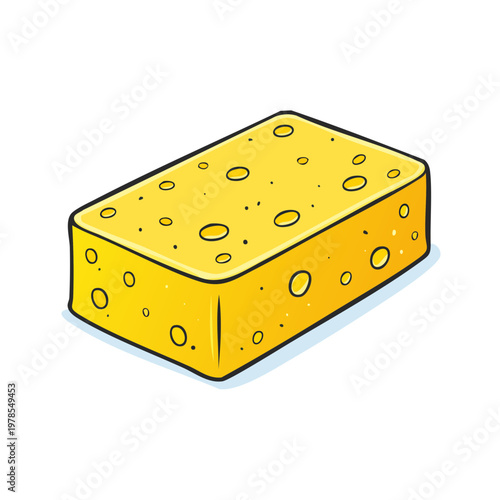 Cartoon yellow rectangular sponge with many holes for cleaning and scrubbing