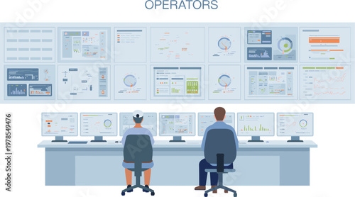Control room operators monitoring data dashboards on multiple screens in modern operations center