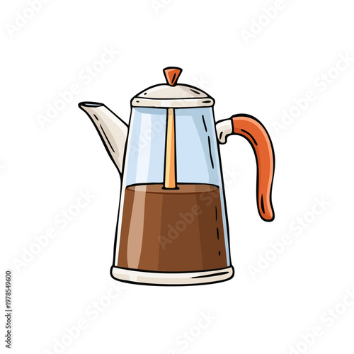 Hand drawn coffee maker percolator filled with rich brown coffee brew and orange handle