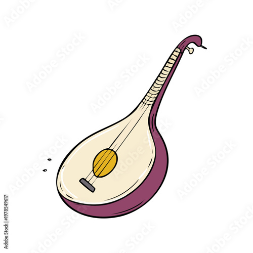 Illustration of a traditional plucked string instrument with a pear shaped body and long neck