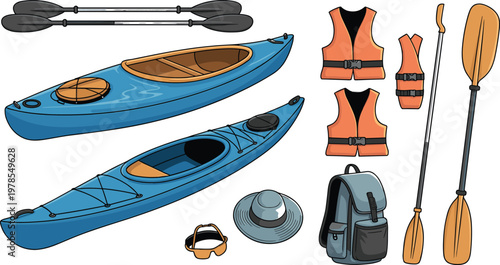 Detailed flat illustration of kayaking equipment set for outdoor adventure and water sports use