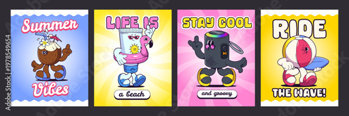 Summer vacation beach party backgrounds with groovy characters. Vector poster retro design with mascot spf tube wearing pink inflatable flamingo, cute speaker in flip flops, funny set for beach events