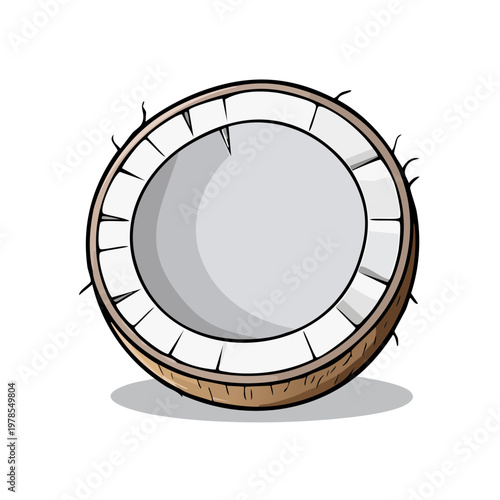 Stylized illustration of a halved coconut showing its white flesh and brown husk