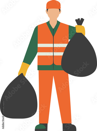 Flat minimalist sanitation worker holding garbage bags vector illustration for waste collection