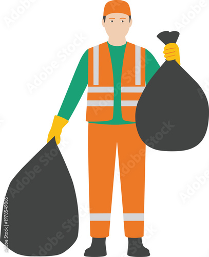 Flat minimalist sanitation worker holding garbage bags vector illustration for waste management