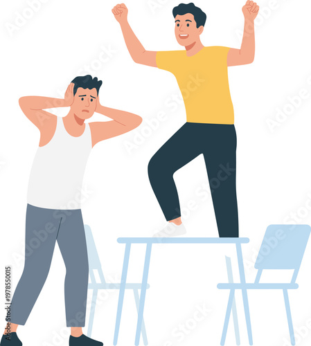 Happy man celebrating on table while stressed man covering ears, workplace chaos, emotional contrast, flat illustration, modern lifestyle concept scene