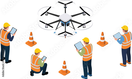 Industrial workers operating drone with tablet devices, aerial inspection technology, construction site safety, modern engineering teamwork concept illustration scene