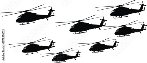 Vector black silhouettes of military helicopters set isolated on white background, featuring transport and attack chopper icons for aviation design