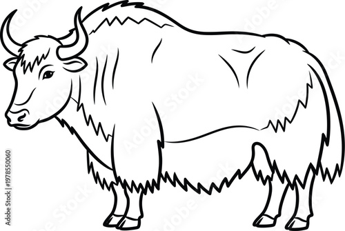 A large black and white drawing of a bison standing still