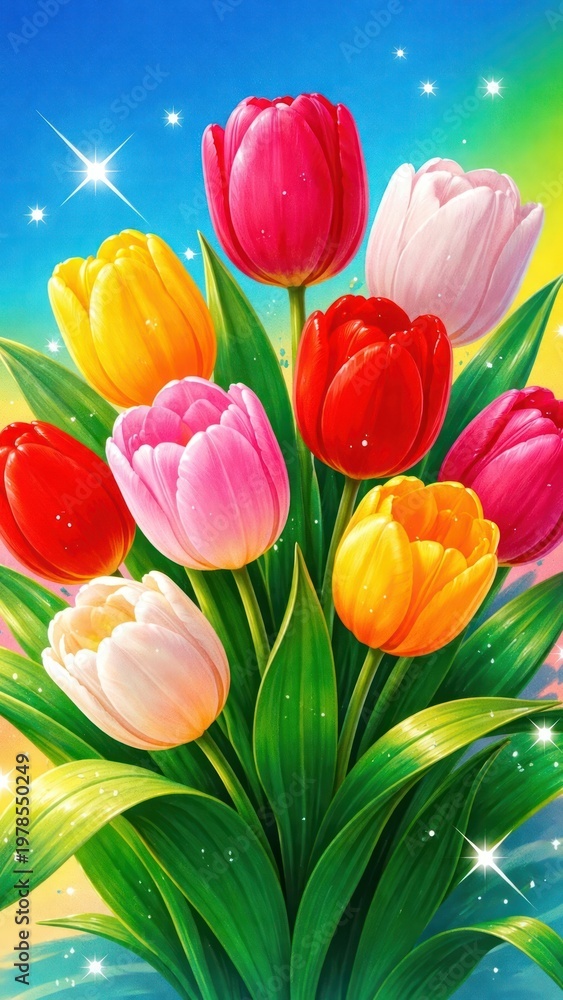 Fototapeta premium Vibrant tulips with sparkling mobile wallpaper