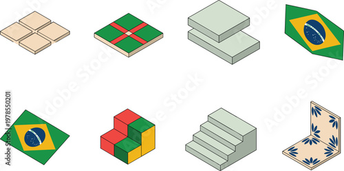Isometric 3D geometric tiles stairs and blocks set for game design and UI assets