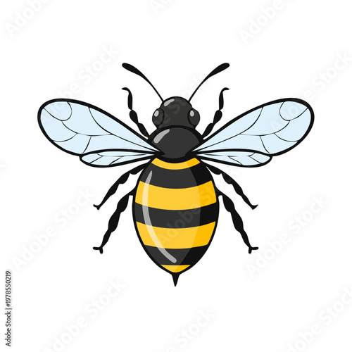 Stylized illustration of a bee with black and yellow stripes, clear wings, and antennae