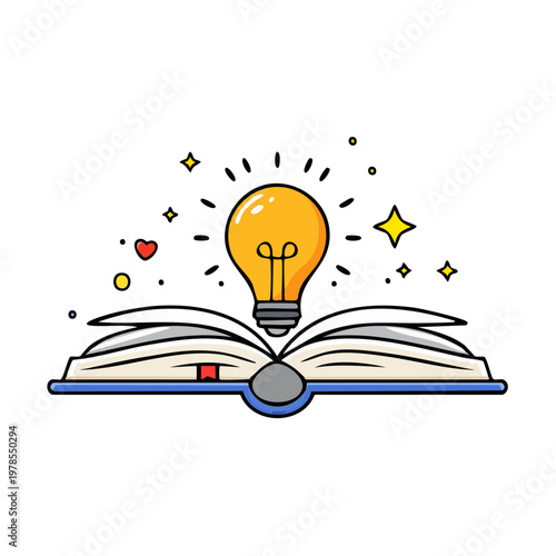 Bright idea shining from open book sparks inspiration and creativity illustration