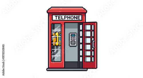 Tableau sur toile This pixel art illustration features a classic red telephone booth with an open door, showcasing a yellow phone and a control panel inside