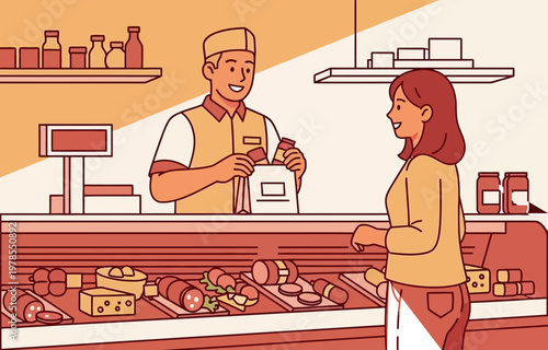 A smiling male butcher in uniform hands a packaged item to a female customer at a deli counter filled with various meats and cheeses.