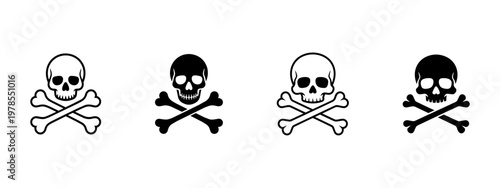 Set of four black and white skull and crossbones icons, symbolizing danger, poison, or warning.