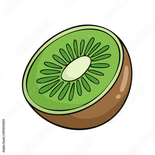 Illustration of a vibrant green kiwi fruit cut in half revealing its seeded flesh and fuzzy brown skin