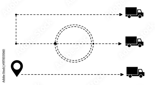 Visual representation of different truck delivery routes, including straight paths, a circular route, and a starting pin.