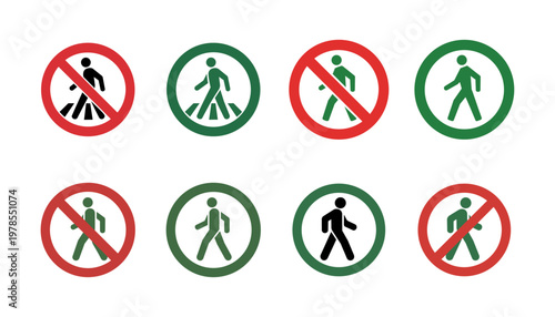 Set of pedestrian symbols with crossing lines, showing allowed and prohibited crossing, walk signs, and prohibition.