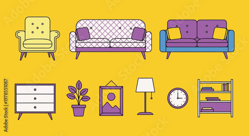 A collection of colorful flat design furniture and decor elements against a bright yellow background