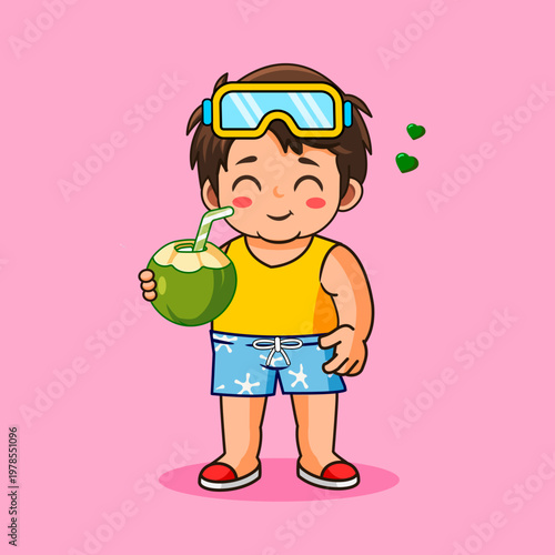 Happy Cartoon Boy Drinking Coconut Water Vector Illustration